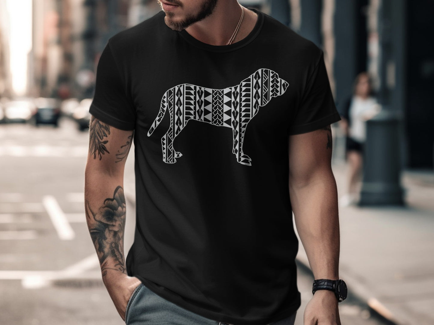 Black t-shirt with a white geometric dog silhouette on chest.