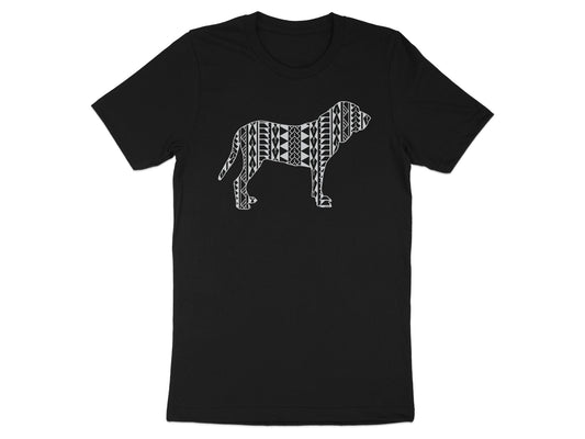 Black t-shirt with a white tribal dog silhouette design.