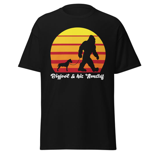 Big foot and his Amstaff men’s black t-shirt by Dog Artistry. American Staffordshire t-shirt.