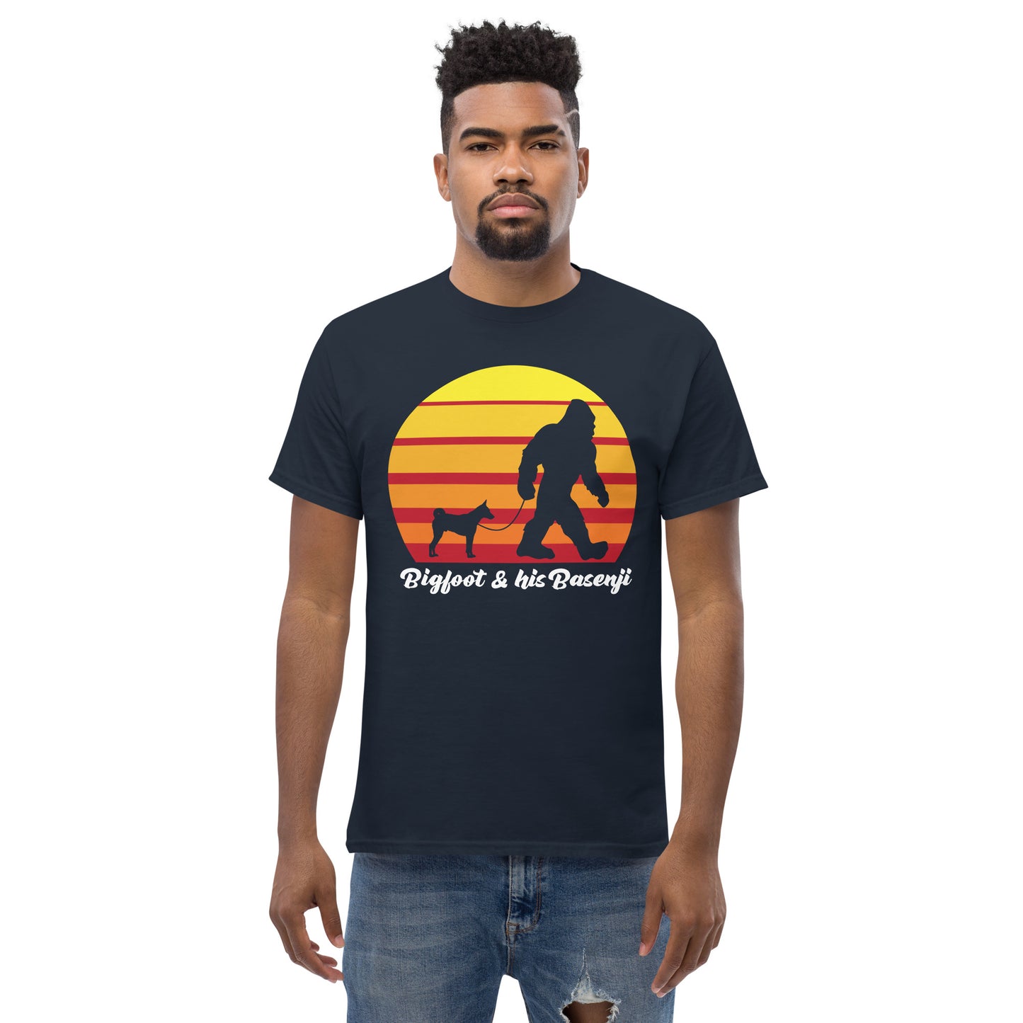 Big foot and his Basenji men’s navy t-shirt by Dog Artistry.
