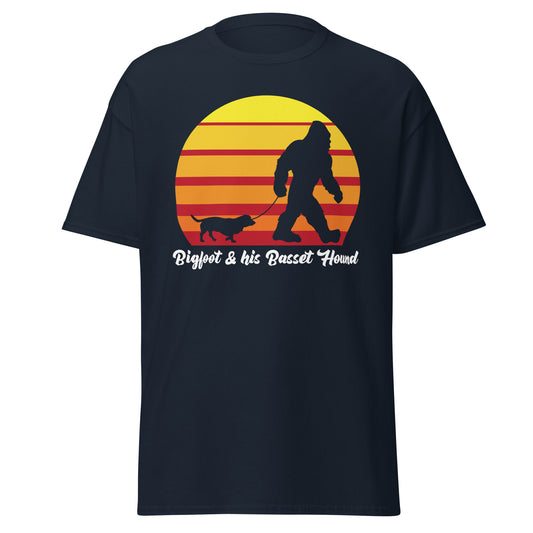 Big foot and his Basset Hound men’s navy t-shirt by Dog Artistry.