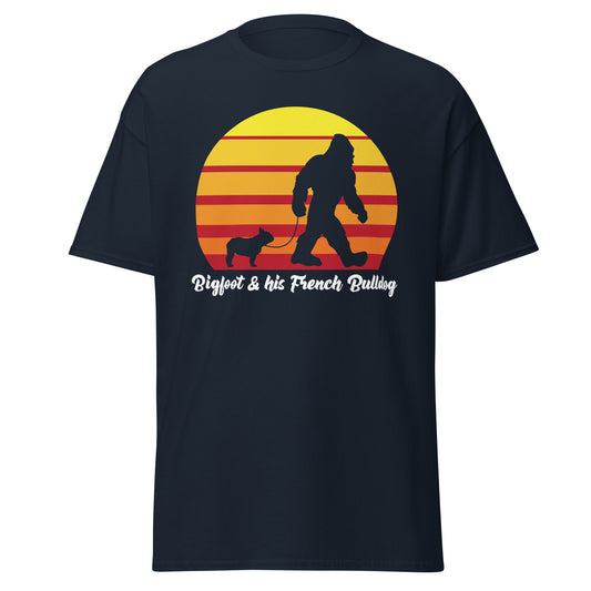 Big foot and his French Bulldog men’s navy t-shirt by Dog Artistry.