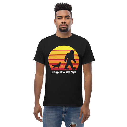 Bigfoot and his Labrador Retriever men’s black t-shirt by Dog Artistry.