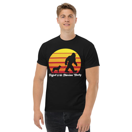 Bigfoot and his Siberian Husky men’s black t-shirt by Dog Artistry.