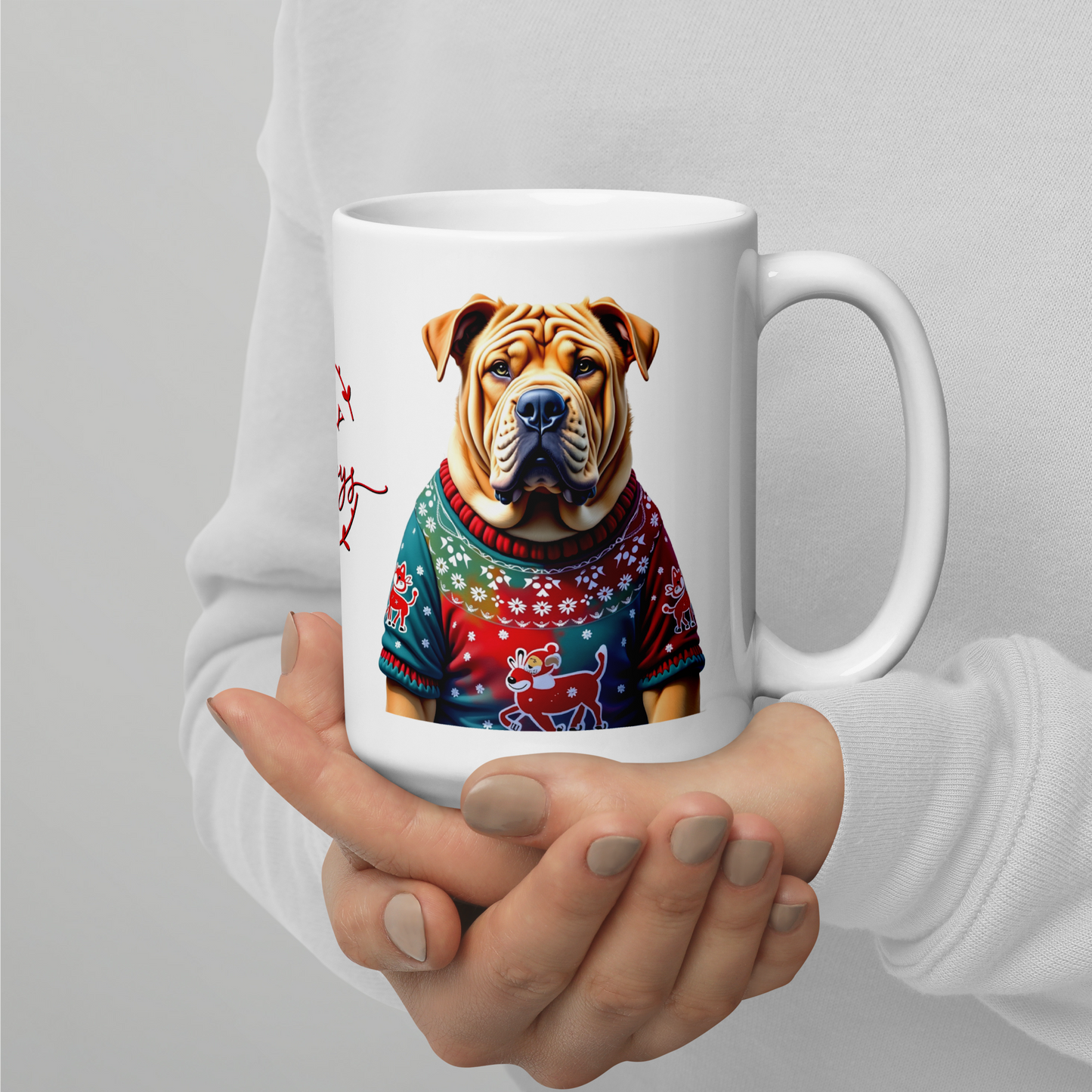 Chinese Shar-Pei Wearing Ugly Christmas Sweater Glossy White Mug