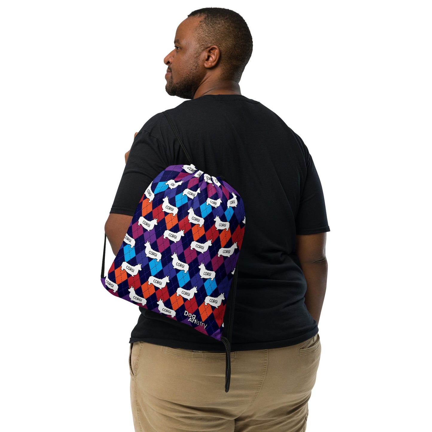 Colorful Argyle Corgi Drawstring bag