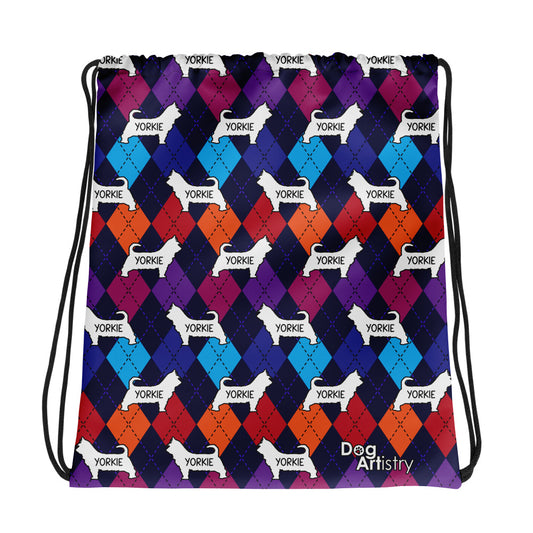 Colorful Argyle Yorkie Drawstring bag