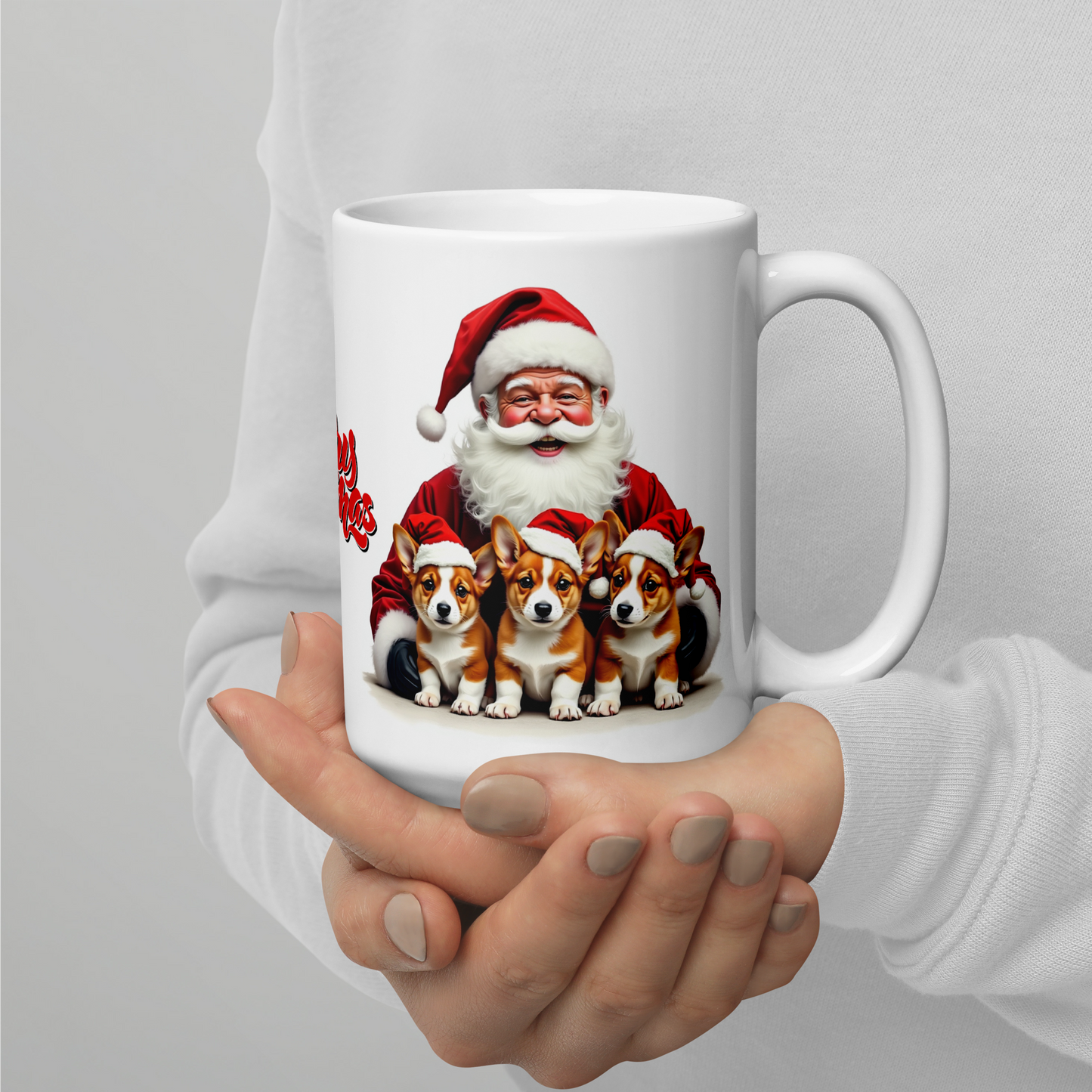 Corgi Puppies with Santa Claus Glossy White Mug