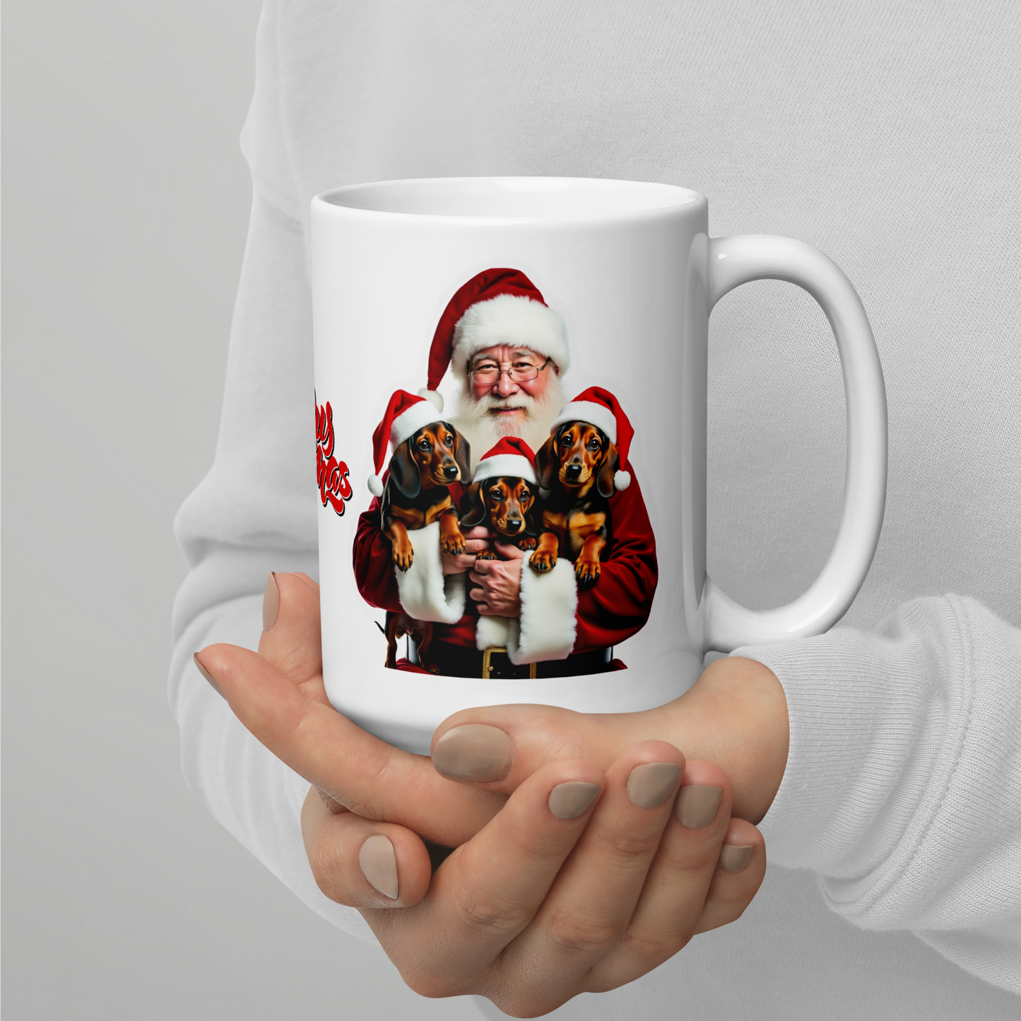 Dachshund Puppies with Santa Claus Glossy White Mug