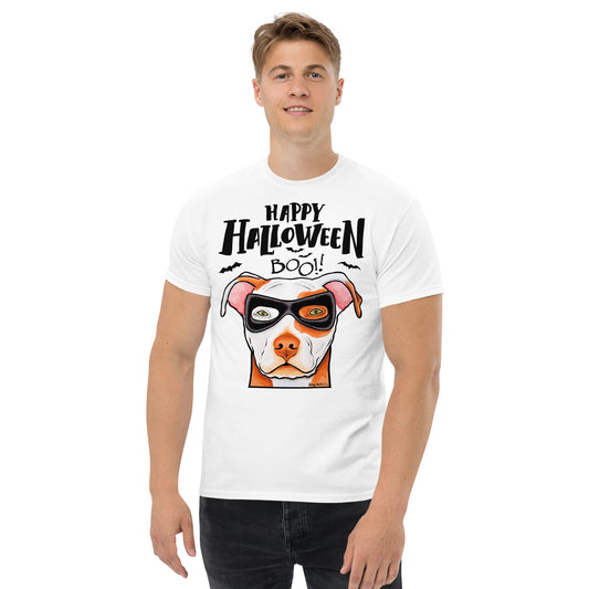 Funny Happy Halloween American Pit Bull wearing mask men’s white t-shirt by Dog Artistry.