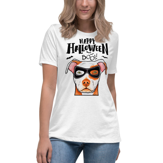 Funny Happy Halloween American Pit Bull wearing mask women’s white t-shirt by Dog Artistry.