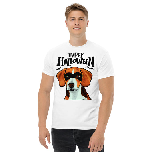 Funny Happy Halloween Beagle wearing mask men’s white t-shirt by Dog Artistry.