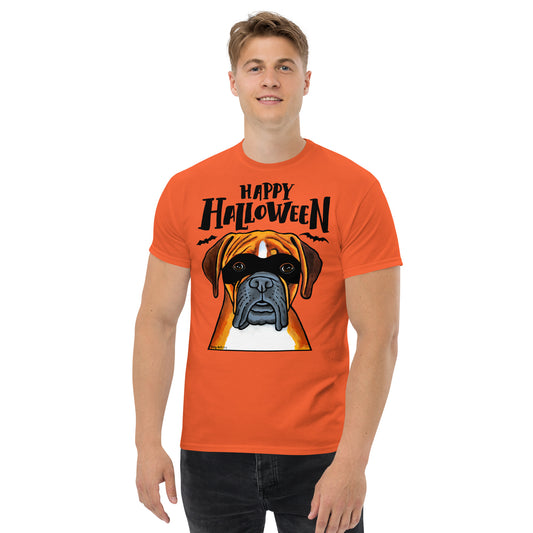 Funny Happy Halloween Boxer wearing mask men’s orange t-shirt by Dog Artistry.