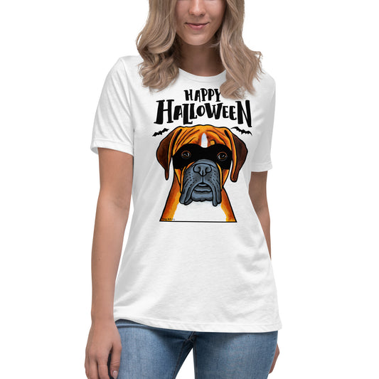Funny Happy Halloween Boxer wearing mask women’s white t-shirt by Dog Artistry.