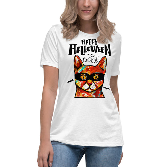 Funny Happy Halloween Cat wearing mask women’s white t-shirt by Dog Artistry.