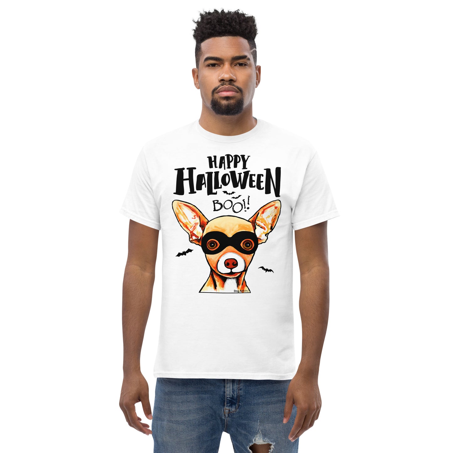 Funny Happy Halloween Chihuahua wearing mask men’s white t-shirt by Dog Artistry.
