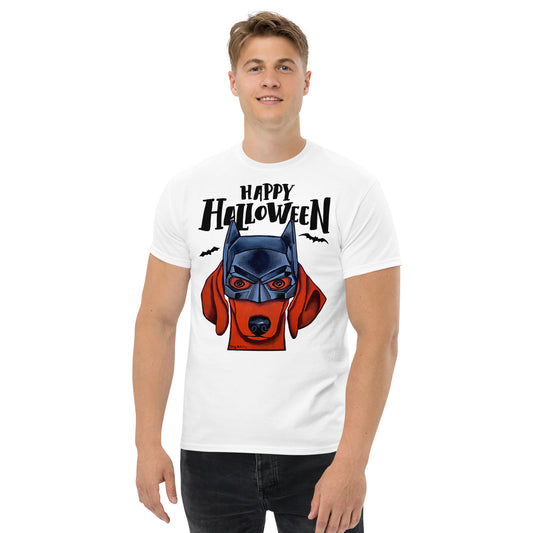 Funny Happy Halloween Dachshund wearing mask men’s White t-shirt by Dog Artistry.