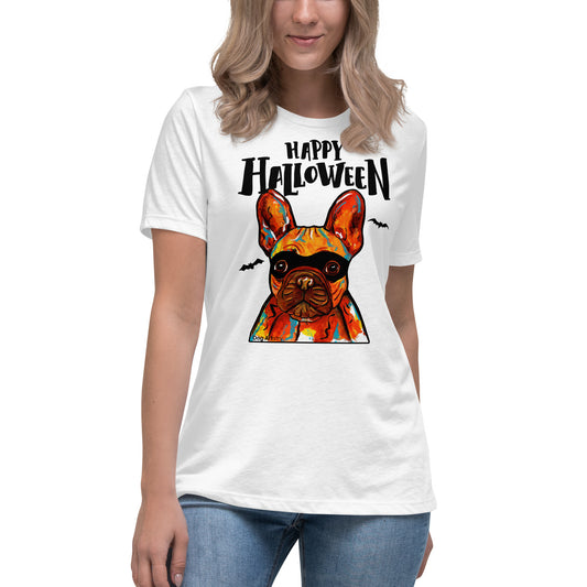 Funny Happy Halloween French Bulldog wearing mask women’s white t-shirt by Dog Artistry.