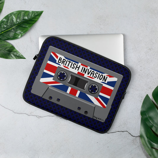 Cassette Tape British Invasion music with Union Jack flag on cassette laptop sleeve designed by Dog Artistry.