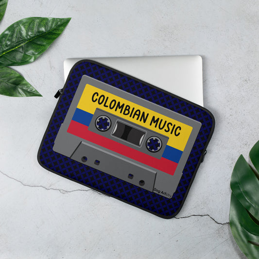 Cassette Tape Colombian music with Colombian flag on cassette laptop sleeve designed by Dog Artistry.