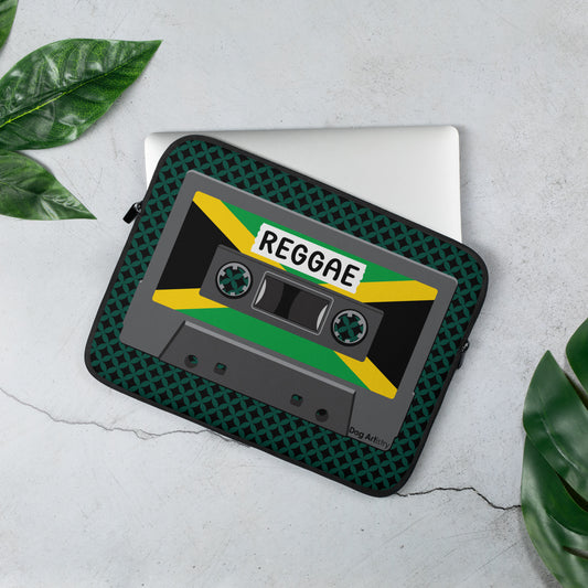 Cassette Tape Reggae music with Jamaican flag on cassette laptop sleeve designed by Dog Artistry.