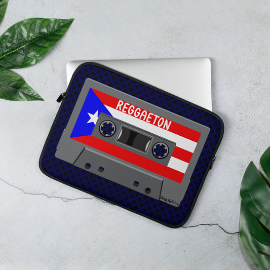 Cassette Tape Reggaeton music with Puerto Rican flag on cassette laptop sleeve designed by Dog Artistry.