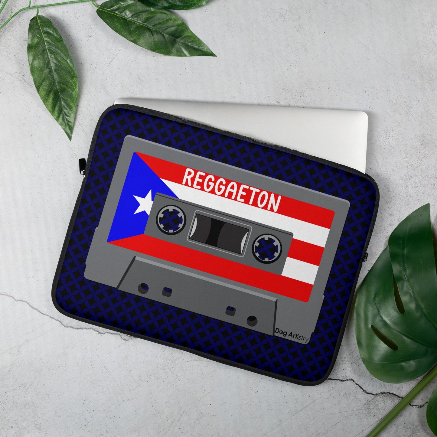 Cassette Tape Reggaeton music with Puerto Rican flag on cassette laptop sleeve designed by Dog Artistry.