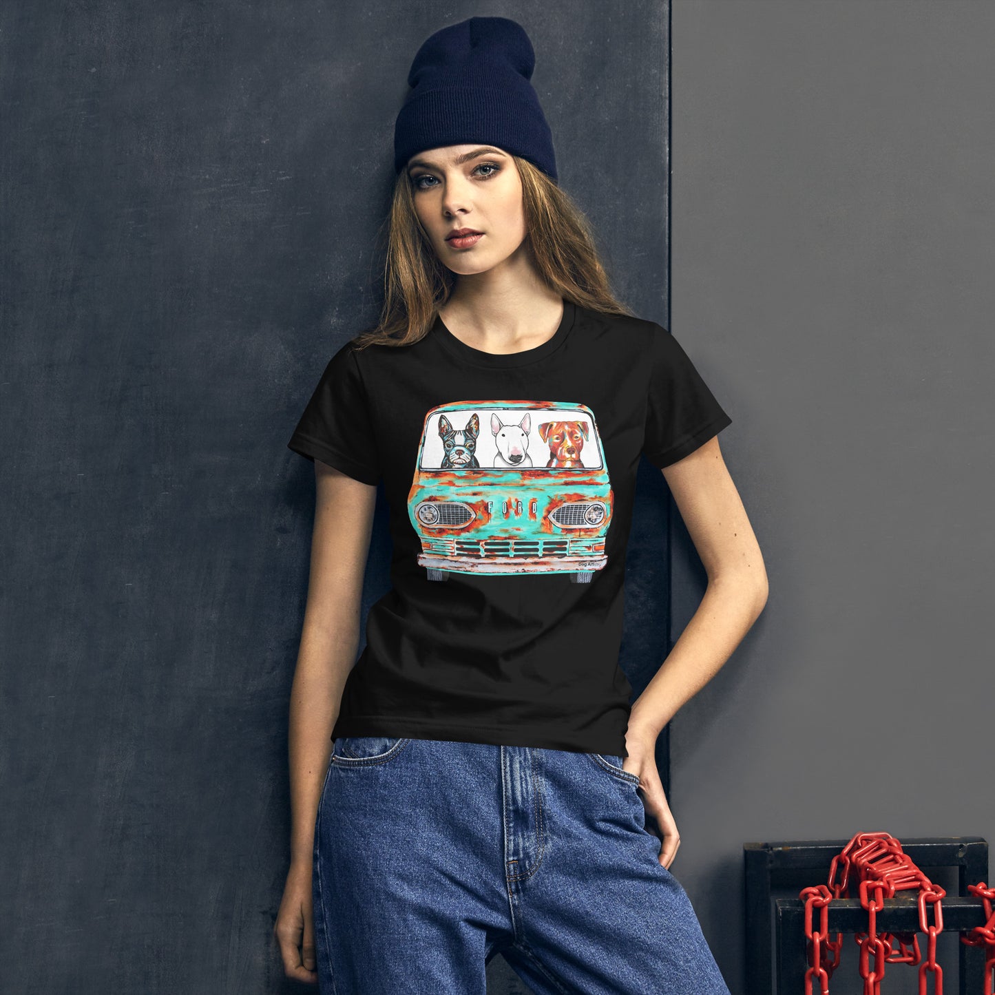 Old Ford with Boston Terrier, English Bull Terrier, and Pit Bull Terrier men's t-shirt black by Dog Artistry