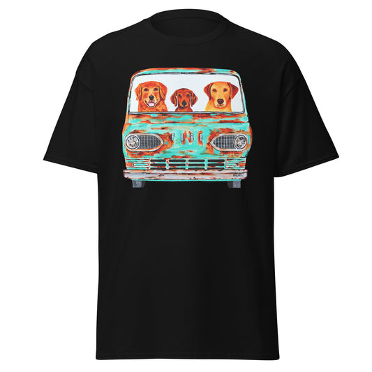 Old Ford with Golden Retriever, Dachshund, Labrador Retriever men's t-shirt black by Dog Artistry