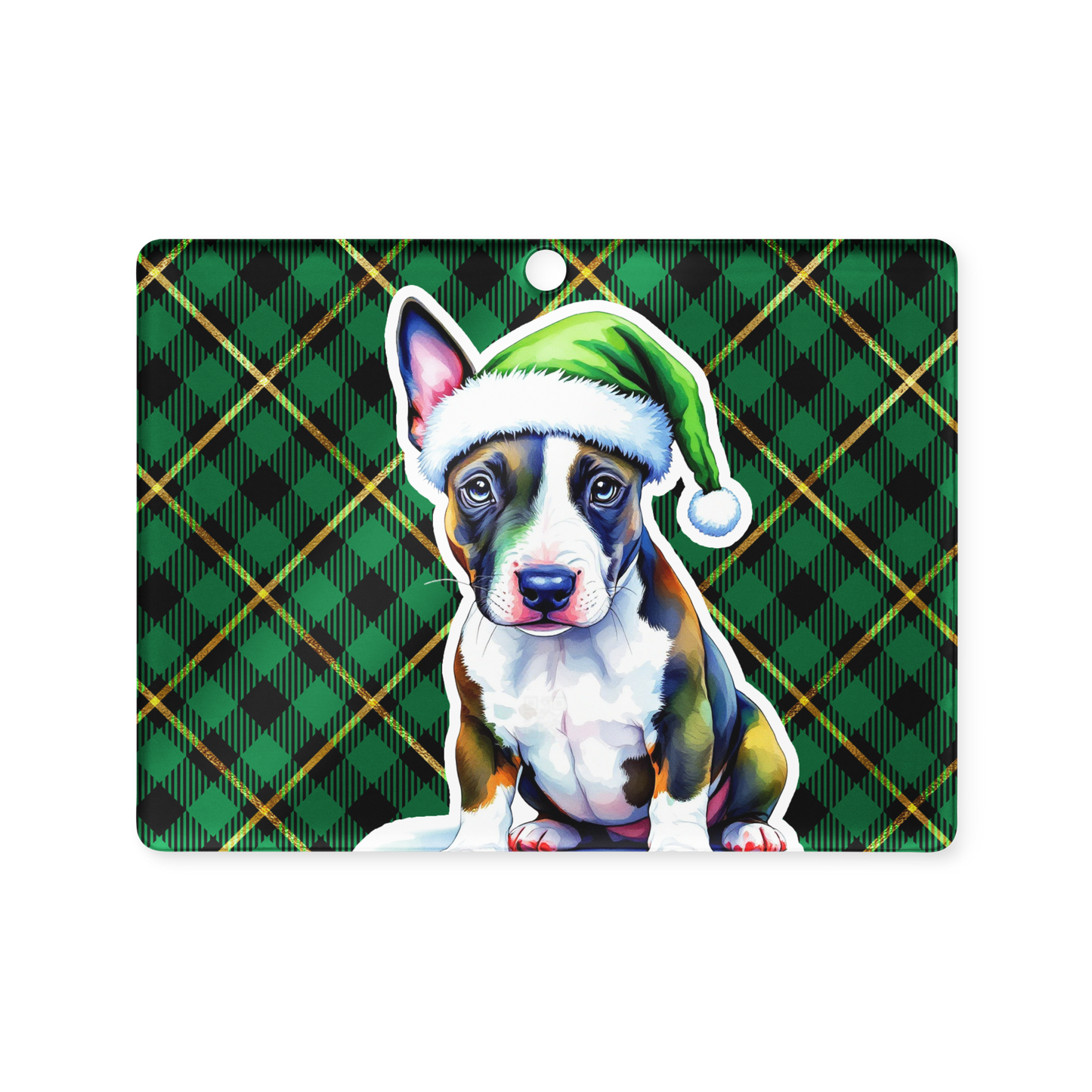 English Bull Terrier with Green Santa Hat Acrylic Ornament
