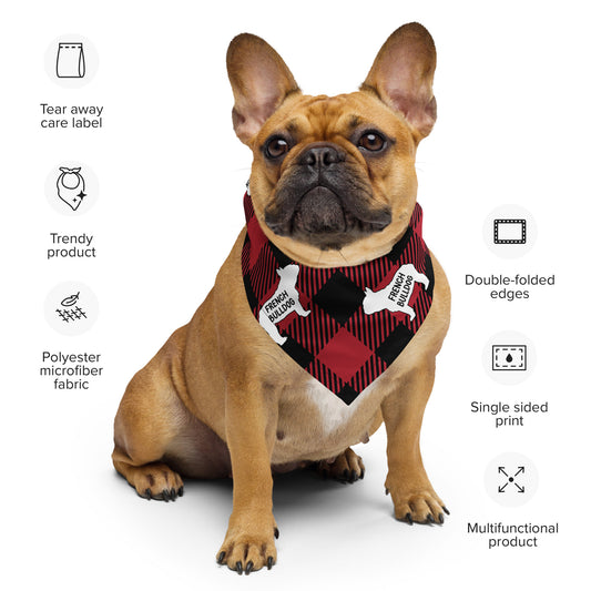 French Bulldog dark red plaid bandana by Dog Artistry. Dog bandana.
