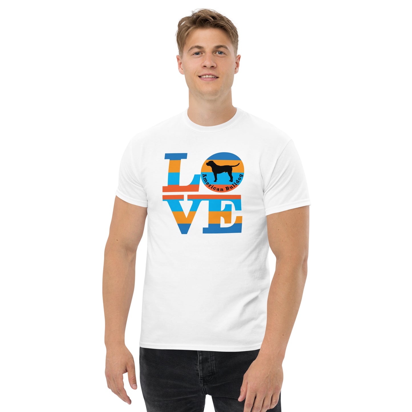 American Bulldog Love men’s white t-shirt by Dog Artistry.