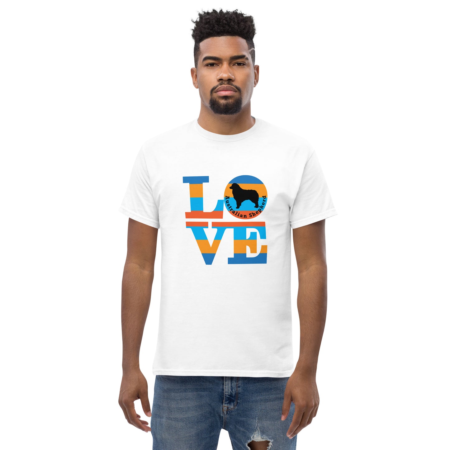 Australian Shepherd Love men’s white t-shirt by Dog Artistry.