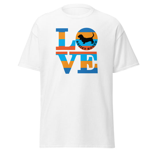 Basset Hound Love men’s white t-shirt by Dog Artistry.