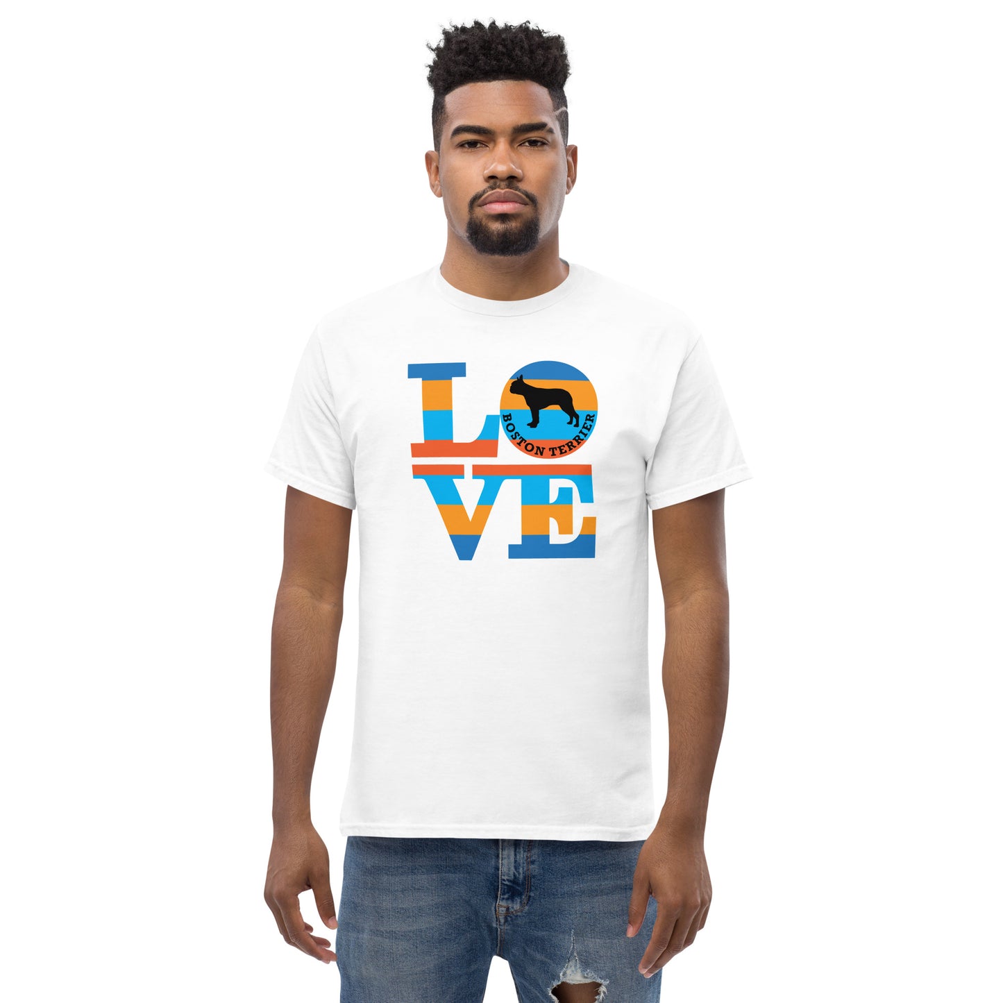 Boston Terrier Love men’s white t-shirt by Dog Artistry.