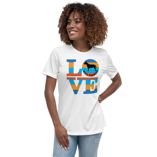 English Bull Terrier Love women’s white t-shirt by Dog Artistry.