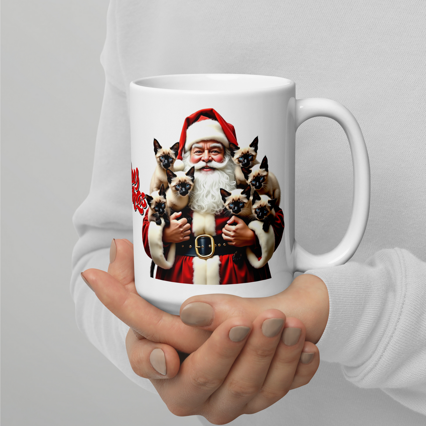 Siamese Kittens with Santa Claus Glossy White Mug