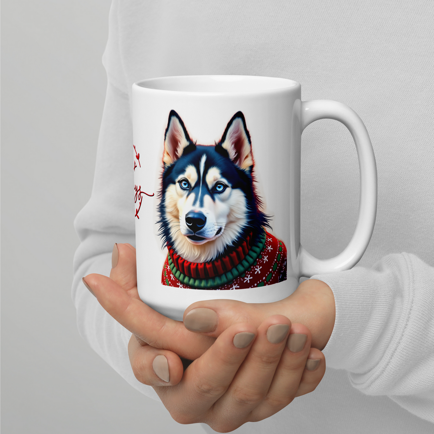 Siberian Husky Wearing Ugly Christmas Sweater Glossy White Mug