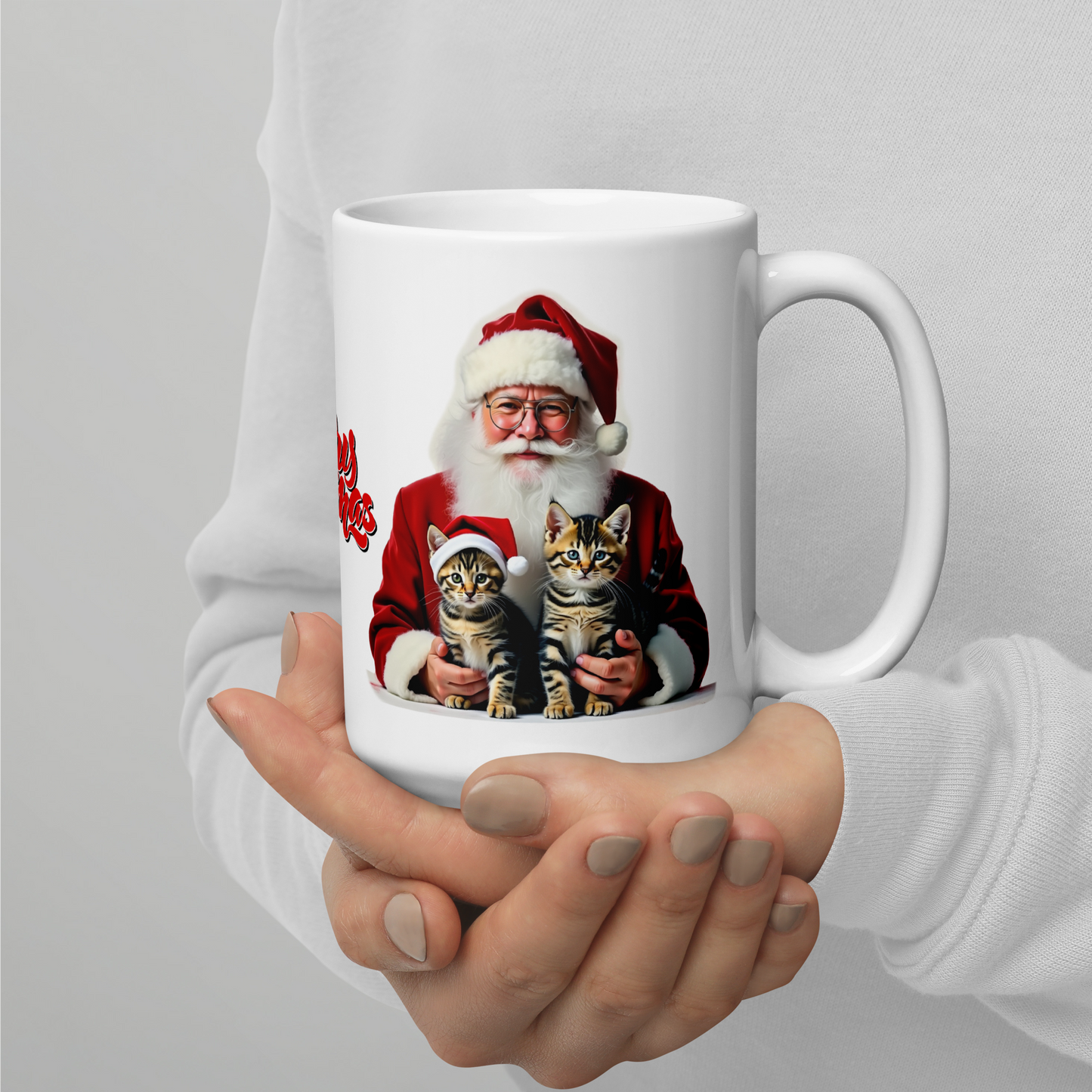 Tabby Kittens with Santa Claus Glossy White Mug