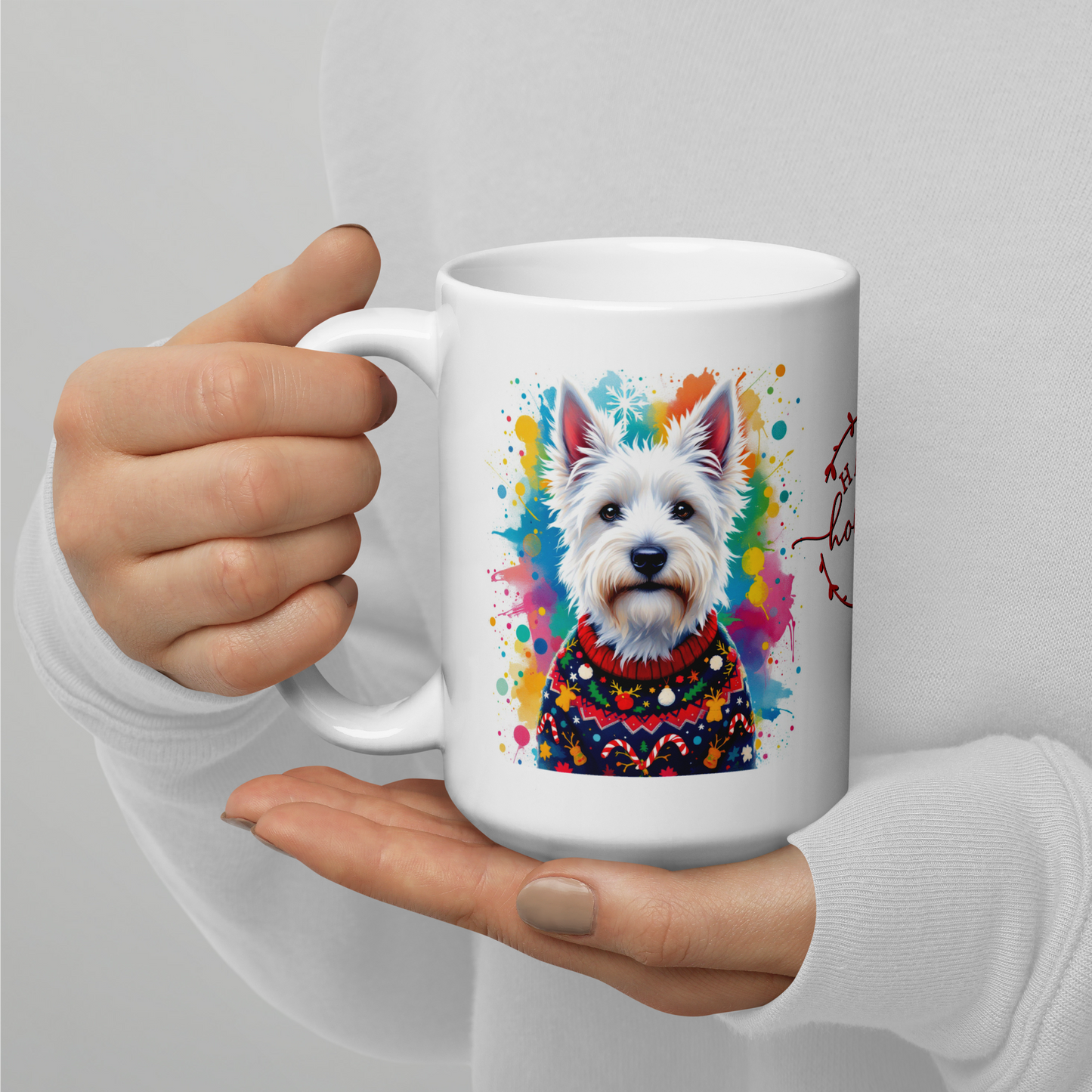 White West Highland Terrier Wearing Ugly Christmas Sweater Glossy White Mug