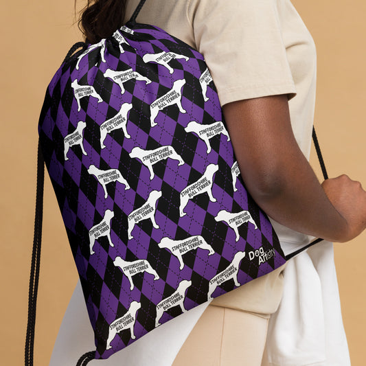 Staffordshire Bull Terrier Argyle Purple and Black Drawstring bag