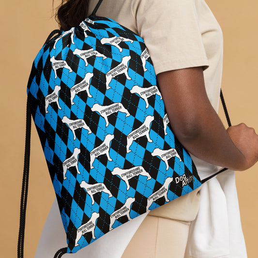 Staffordshire Bull Terrier Argyle Blue and Black Drawstring bag