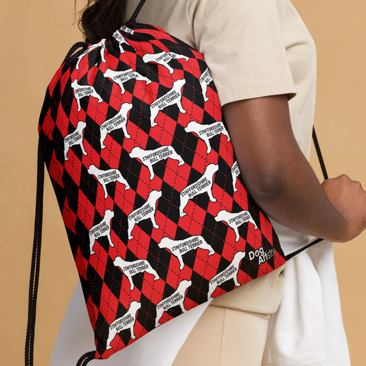 Staffordshire Bull Terrier Argyle Red and Black Drawstring bag
