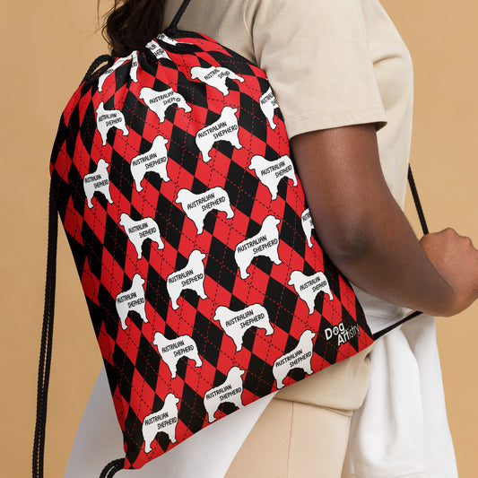 Australian Shepherd Red Argyle Drawstring bag