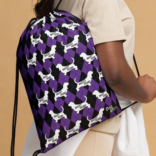Basset Hound Purple Argyle Drawstring bag