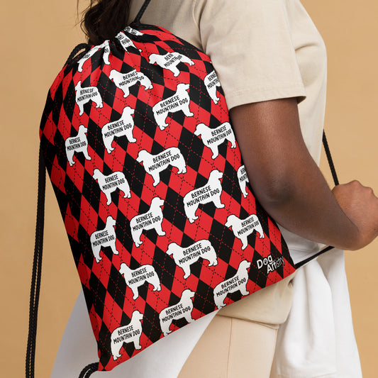 Bernese Mountain Dog Red Argyle Drawstring bag