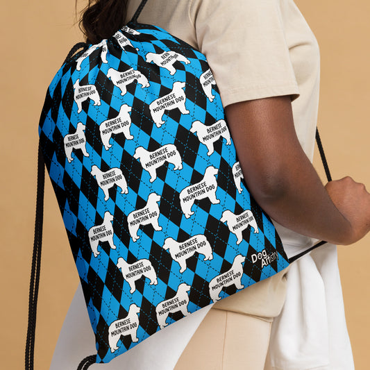 Bernese Mountain Dog Blue Argyle Drawstring bag