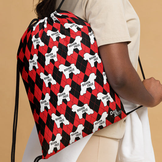 Bichon Frise Red Argyle Drawstring bag
