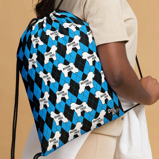 Bichon Frise Blue Argyle Drawstring bag
