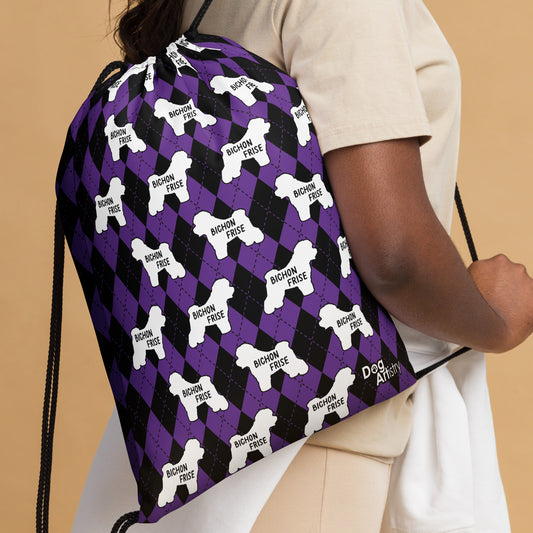 Bichon Frise Purple Argyle Drawstring bag